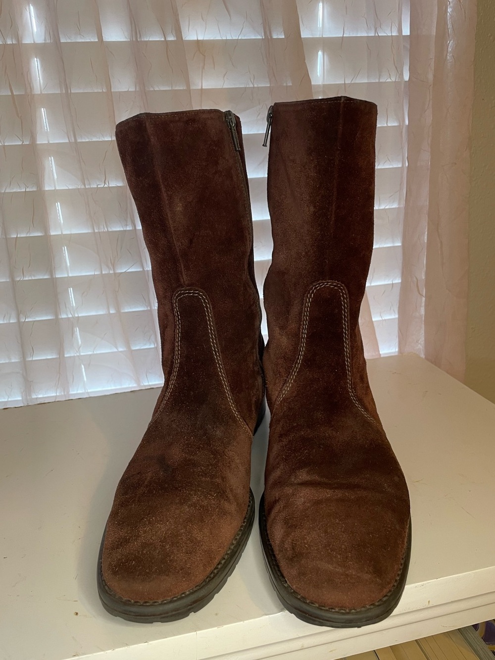 Chocolate Brown Suede Mid-Calf Zip Boots